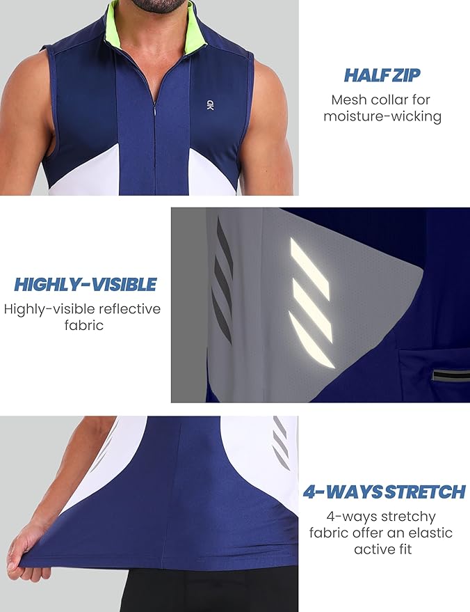 Little Donkey Andy Men's Half Zip Breathable Cycling Vests Reflective Sleeveless Jerseys Lightweight Bicycle Running