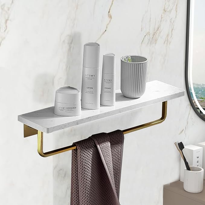 Marble Bathroom Wall Shelf with Towel Bar 16" Modern