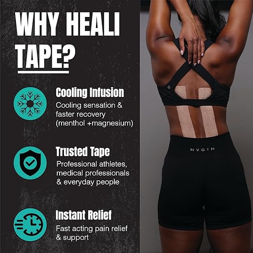 Heali Kinesiology Tape with Magnesium and Menthol, 20 Pcs Precut Strips, K Tape Roll, Knees, Physical Therapy Sports Tape for Muscle and Joint Pain Relief, Water Resistant, Beige Inspiration