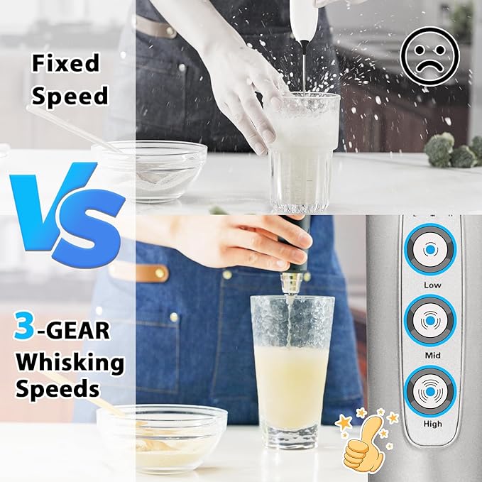 Milk Frother with Stand Rechargeable-Handheld Frother Wand with 3 Stainless Whisks 3 Speed Adjustable, Electric Whisk Drink Mixer, Foam Maker Blender for Matcha Latte Cappuccino Chocolate