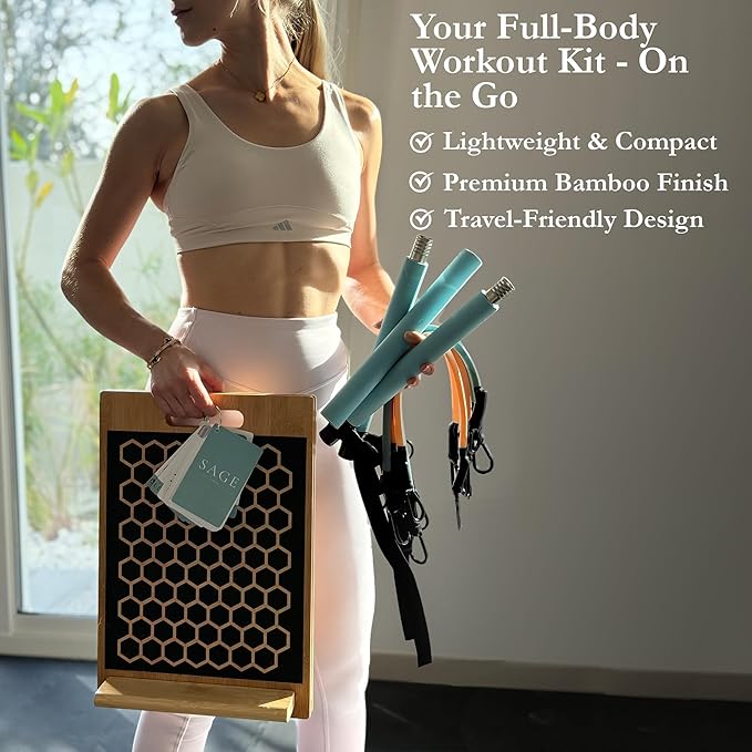 3-in-1 Pilates Workout Kit by Sage London - Premium Bamboo Slant Board, Pilates Bar Kit with Resistance Bands & 54 Exercise Cards for Home Workouts, Calf Stretcher, Squats, and Pilates Training