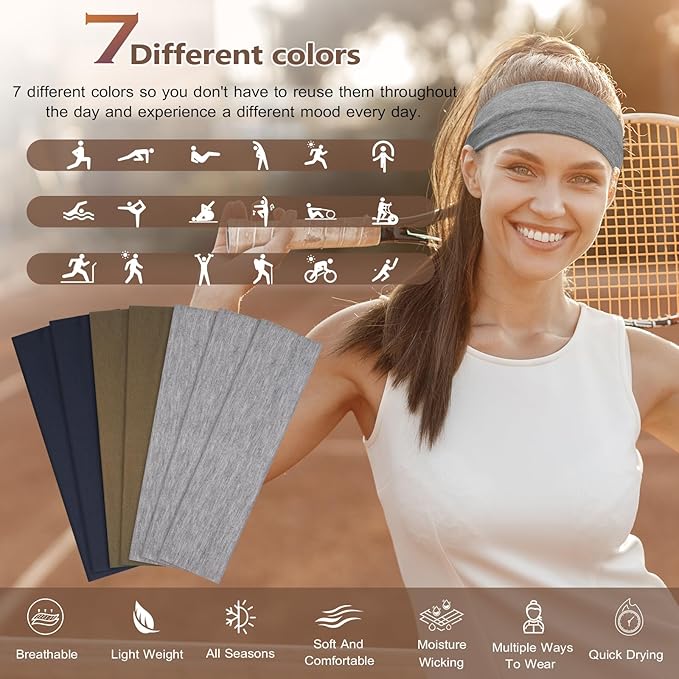 Headbands for Women Non Slip - 7PCS Fashion Sports Hair Bands for Women's Hair, Soft Cotton Cloth Stretchy Headbands for Women for Workout Yoga Running