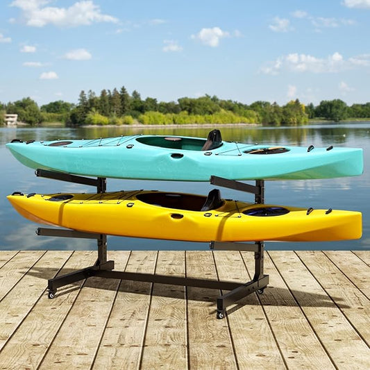 Heavy Duty Freestanding Kayak Storage Rack, Adjustable Metal Stand for Kayaks, Canoes, SUPs, Paddleboards & Surfboards with Lockable Wheels, Indoor & Outdoor Use