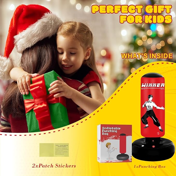 Kids Punching Bag, 67" Stable Inflatable Boxing Bag for Age 5-12, Ninja Karate Taekwondo Training Toy, Christmas Birthday Gift