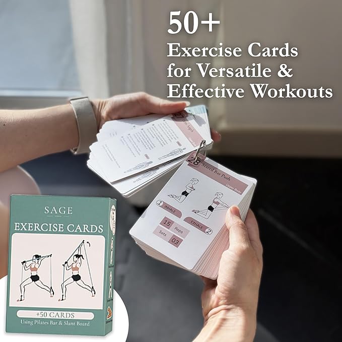 3-in-1 Pilates Workout Kit by Sage London - Premium Bamboo Slant Board, Pilates Bar Kit with Resistance Bands & 54 Exercise Cards for Home Workouts, Calf Stretcher, Squats, and Pilates Training