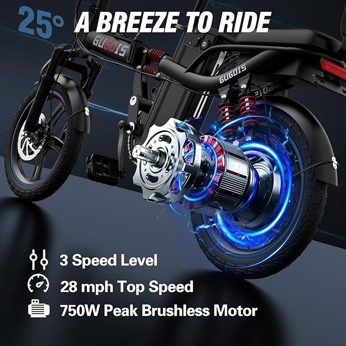 2 Seater Electric Bike for Adults,Mini Bike 500/750 Motor,28MPH,48V/15AH Removable Battery,25-30Miles 16" Fat Tire Commuter Ebike,Full Suspension Foldable Electric Bicycles for Adults Teens