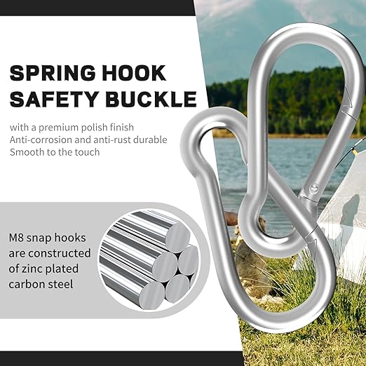 24PCS M8 Spring Snap Hook Carabiner, Heavy Duty Galvanized Steel 3Inch Carabiner Clip, 550LBS Holding Capacity Spring Clips for Hammock Swing Outdoor Travel
