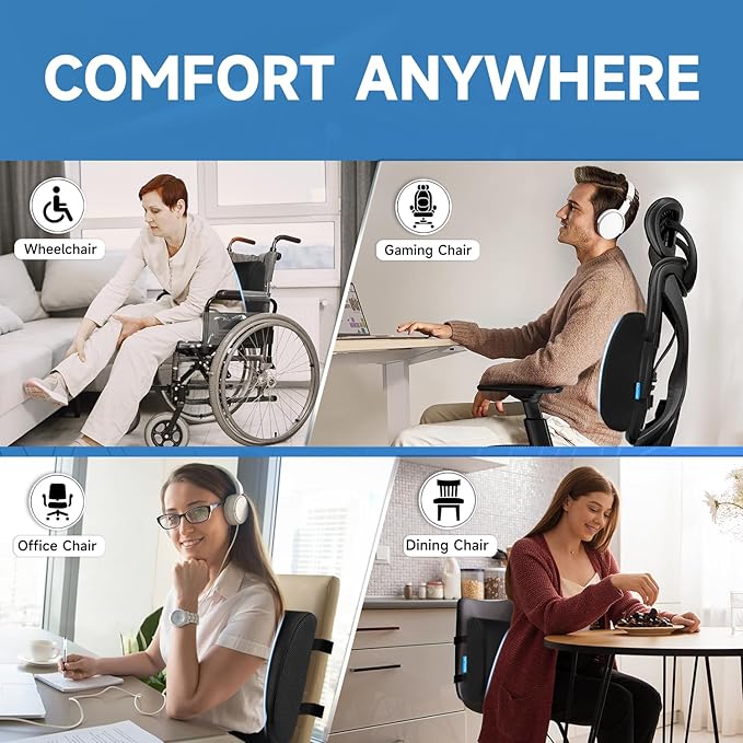 Lumbar Support Pillow for Office Chair, Memory Foam Office Chair Back Support,Lower Back Pillow for Car Seat, Back Pain Relief, Back Pillow for Chair with Adjustable Strap and Mesh Washable Cover
