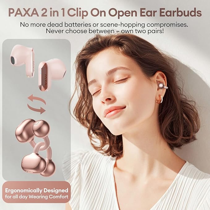 2 in 1 Clip on Open Ear Headphones Wireless Earbuds, 0 Delay Bluetooth 6.0, Ultra-long 140H Play, Auto L-R Recognition Touch Control, Hybrid Noise Reduction for Work Fitness Daily Use,Ctbuds Rose Gold