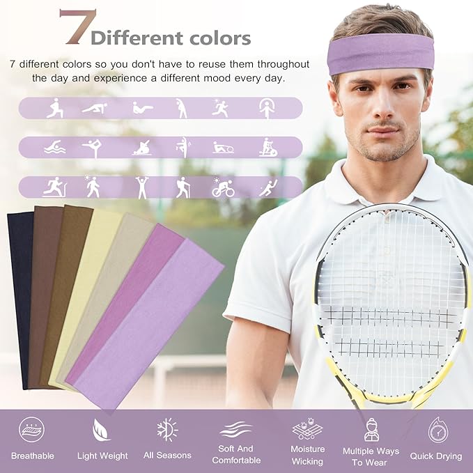 Headbands for Women Non Slip - 7PCS Fashion Sports Hair Bands for Women's Hair, Soft Cotton Cloth Stretchy Headbands for Women for Workout Yoga Running