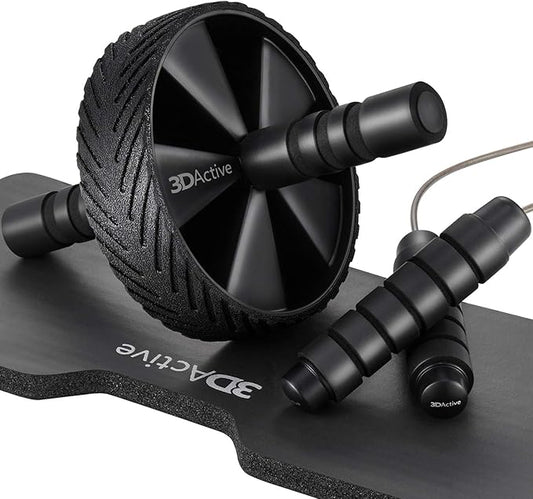 3DActive Ab Roller Wheel with Jump Rope & Knee Mat. Home Gym Exercise Equipment for Abs Workout, Core Training & Cardio Workouts.