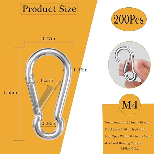 200Pcs Carabiner Clip Spring Snap Hook, M4 1.55 Inch Heavy Duty Galvanized Steel Spring Snap Hook, Quick Link Keychain Clip for Keys Swing Set Camping Fishing Hiking Traveling