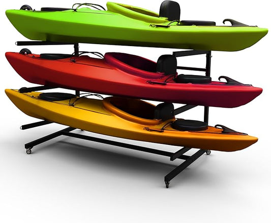 Heavy Duty Freestanding Kayak Storage Rack | 3 Tier Rack for Kayaks, Canoes, or SUPs | Adjustable Outdoor Kayak Storage | Indoor/Outdoor Weather Resistant Water Sports Storage Rack