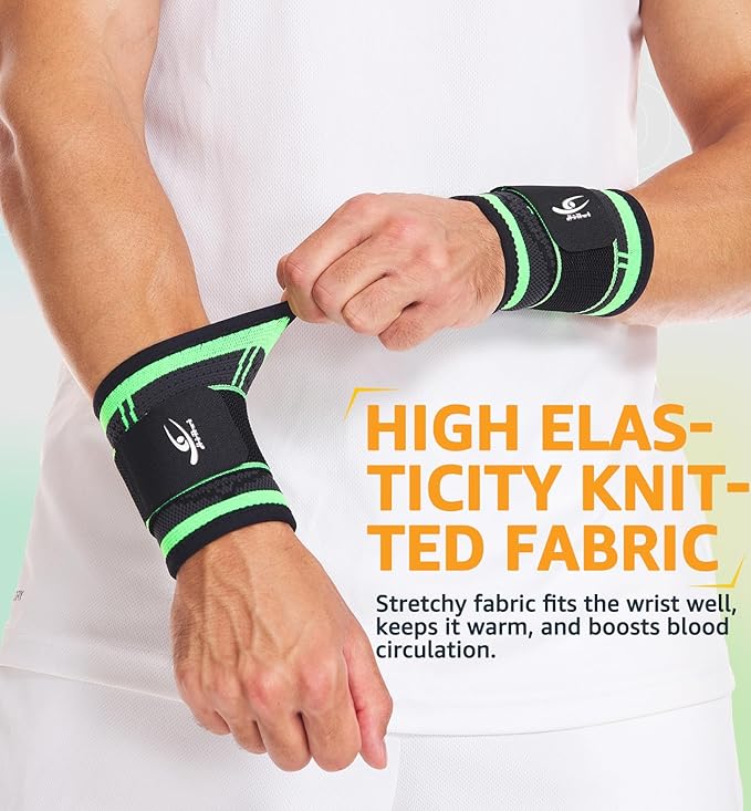 HiRui Wrist Brace Wrist Wraps Compression Wrist Strap, Wrist Support for Work Fitness Weightlifting Sprains Tendonitis, Carpal Tunnel Arthritis, Pain Relief, Adjustable Wristbands 2 PACK (Green, L)