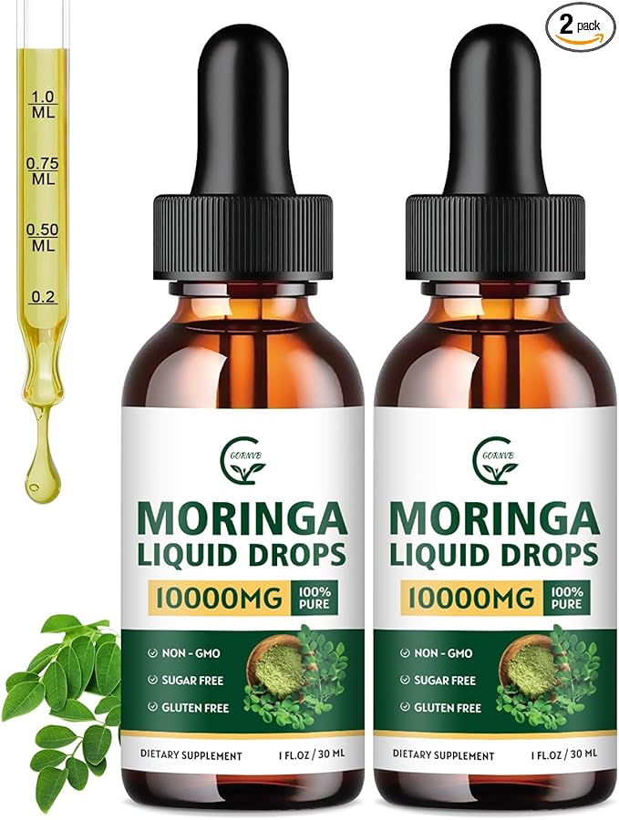 (2 Pack) Organic Moringa Liquid Drops, Moringa Supplement with Turmeric, Black Pepper, Grape Seed Extract, Pure Moringa Oleifera Leaf Extract for Skin, Gut, Immune Support, More Potency Than Powder