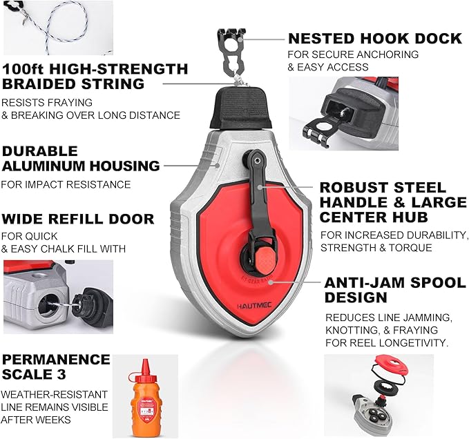 HAUTMEC Chalk Line, 30m/100ft Chalk Line Tool with Red Chalk, 6:1 Gear Ratio Reel, Chalk Box for Carpenters and Builders, HT0358