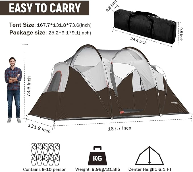 HIKERGARDEN 10 Person Camping Tent - Portable Easy Traveling-14'x11'x74in(H)