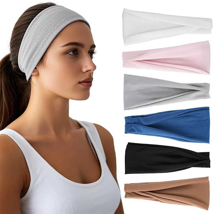 Headbands for Women - 6 Pack Wide Elastic Hair Bands | Stretchy Sweatbands Hair Bands | Soft Sports Thin Head Bands | Non-Slip Accessories Bands for Fashion, Washing Face, Workouts, Yoga, Daily Use