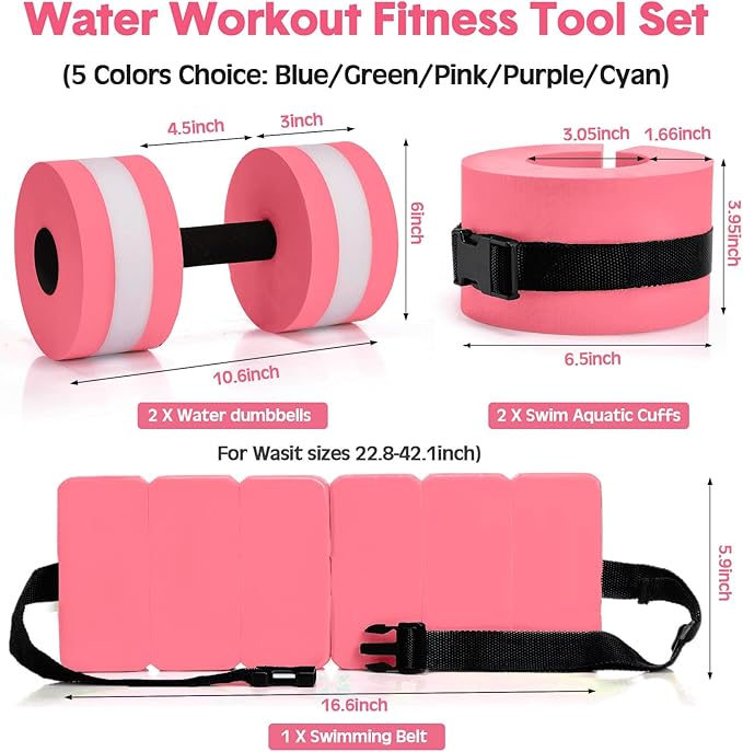 5 Pcs Aquatic Exercise Set Including 2 Ankle Swimming Weights 2 Lightweight Aquatic Exercise Dumbbells and Swim Belt Pool Exercise Equipment for Aquatic Aerobics Exercise
