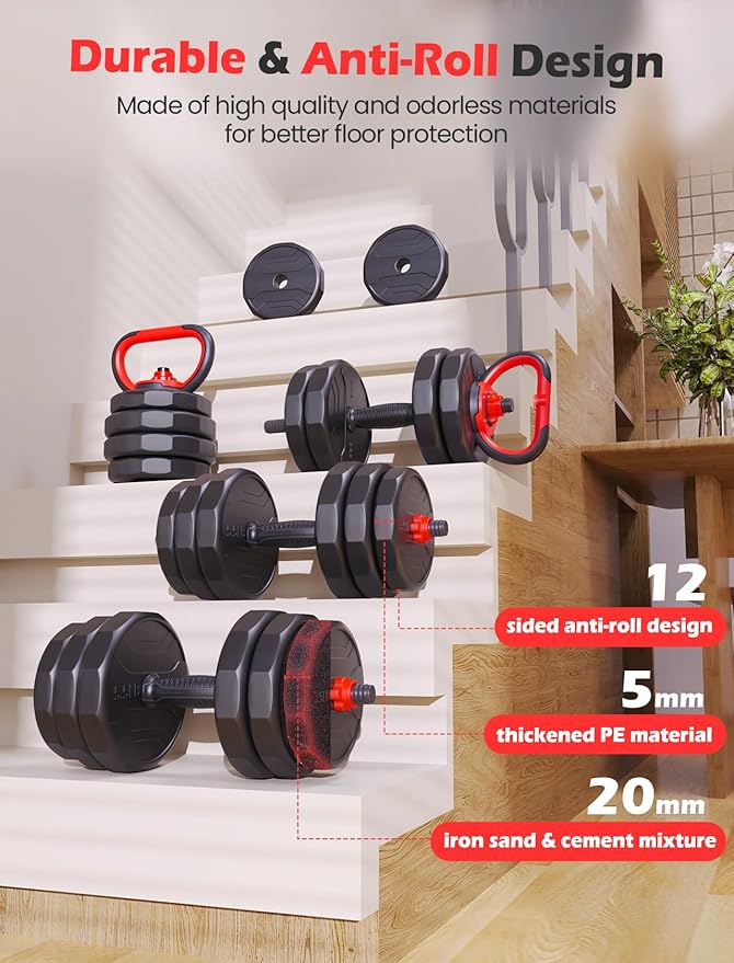 Adjustable Dumbbells, 20/30/40/55/60/70/80/90lbs Free Weights Dumbbells Convertible 2 or 3 in 1 Set Used as Barbell, Kettlebells, A Pair of Lightweight for Home Gym