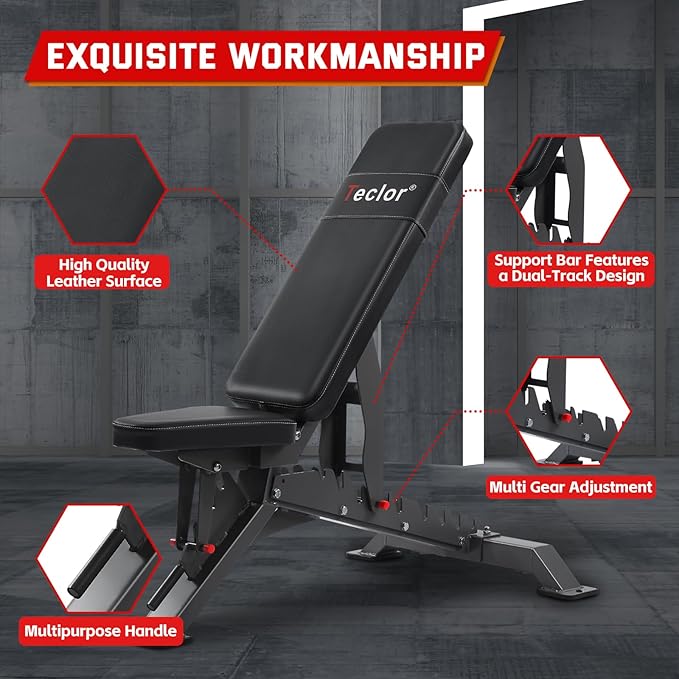 Adjustable Weight Bench with 1400LB Capacity for Home Gym,Heavy Duty Bench,Adjustable Foldable Decline Bench Press, Incline Flat Sit-Ups - Best Home Workout Equipment with Wheels