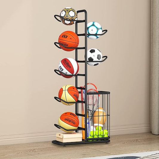 7-Ball Sports Equipment Storage Rack with Ball Holder 57.5" (Black)