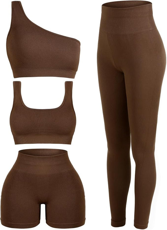 4 Pcs Women's Workout Sets Pilates Exercise Outfit Ribbed Scoop Neck Sports Bra Shorts Leggings Gym Clothes Set