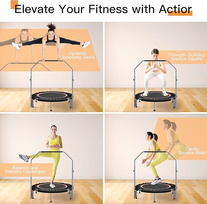 40"/48" Foldable Mini Fitness Rebounder with Adjustable Foam Handle, Max Load 330/440 lbs, Indoor Cardio Exercise Rebounder for Adults