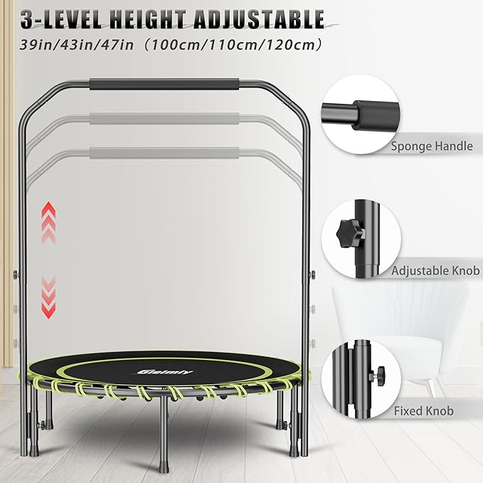 40" Fitness Trampoline with Adjustable Handle Bar Silent Mini Trampoline Bungee Rebounder Jumping Cardio Trainer Workout for Adults - Maximum Load 150 kg