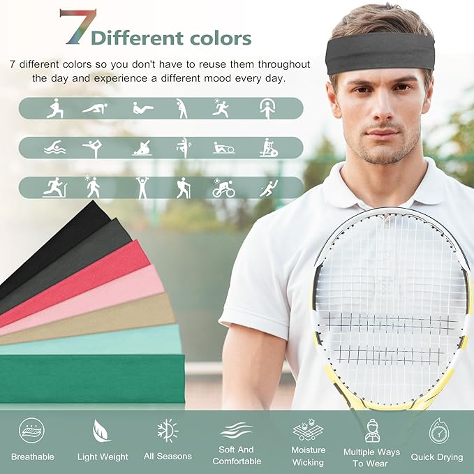 Headbands for Women Non Slip - 7PCS Fashion Sports Hair Bands for Women's Hair, Soft Cotton Cloth Stretchy Headbands for Women for Workout Yoga Running