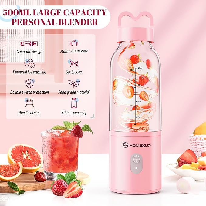 2PCS Portable Personal Blender 17 OZ/500 ML Juicer, 175W Personal Size Blender, Ideal for Smoothies, Ice Blending, Juicing, and Food Processing, Compact, Convenient, and Versatile (Pink&Blue)