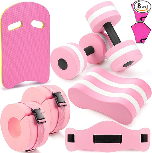 8 Pcs Water Aerobics Set Including Exercise Foam Dumbbells Aquatic Swim Belt Pull Buoy Swim Kickboard Sport Gloves Water Weights Equipment for Aquatic Fitness Weight Loss Fitness Tool