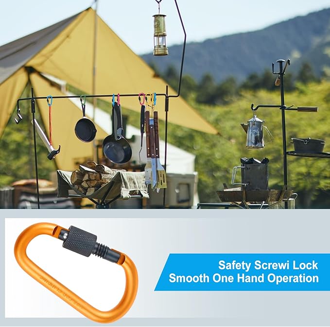 10 Pack Aluminum D Ring Key Rings Hiking Clips Locking Carabiner for Hiking Camping Fishing and Outdoor Use，Clips with Screw Gate Multicolored