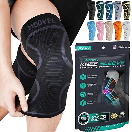 Modvel 2 Pack Knee Brace for Women & Men - Workout Knees Compression Sleeve for Knee Pain Relief Joint Support for ACL, Arthritis, Meniscus Tear Knees Brace for Sports, Rodilleras para Gym Fitness