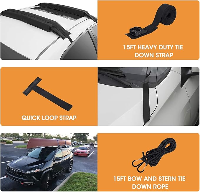 HEYTRIP Universal Soft Roof Rack Pads for Kayak/Surfboard/SUP/Canoe with 15FT Tie-Down Straps and Storage Bag