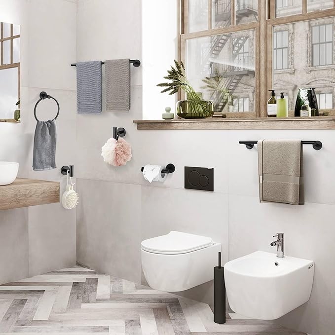 6-Piece Matte Black Towel Bar Set Bathroom Hardware SUS304 Stainless