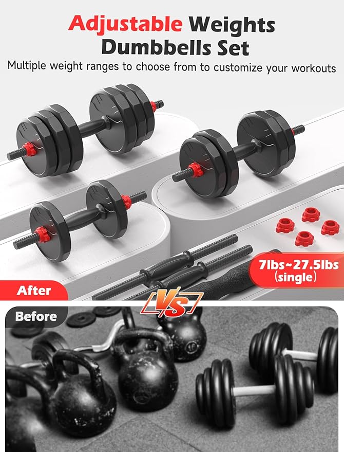 Adjustable Dumbbells, 20/30/40/55/60/70/80/90lbs Free Weights Dumbbells Convertible 2 or 3 in 1 Set Used as Barbell, Kettlebells, A Pair of Lightweight for Home Gym