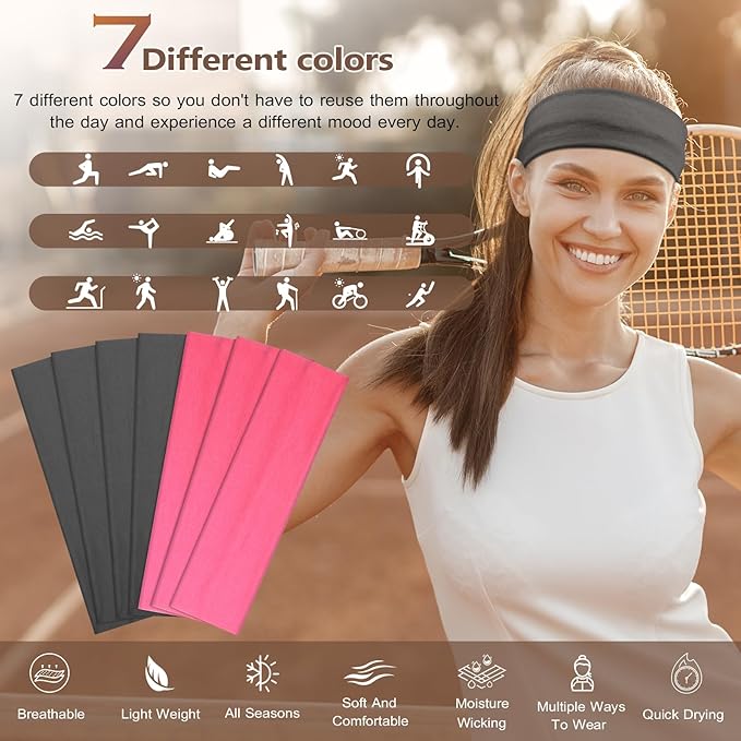 Headbands for Women Non Slip - 7PCS Fashion Sports Hair Bands for Women's Hair, Soft Cotton Cloth Stretchy Headbands for Women for Workout Yoga Running