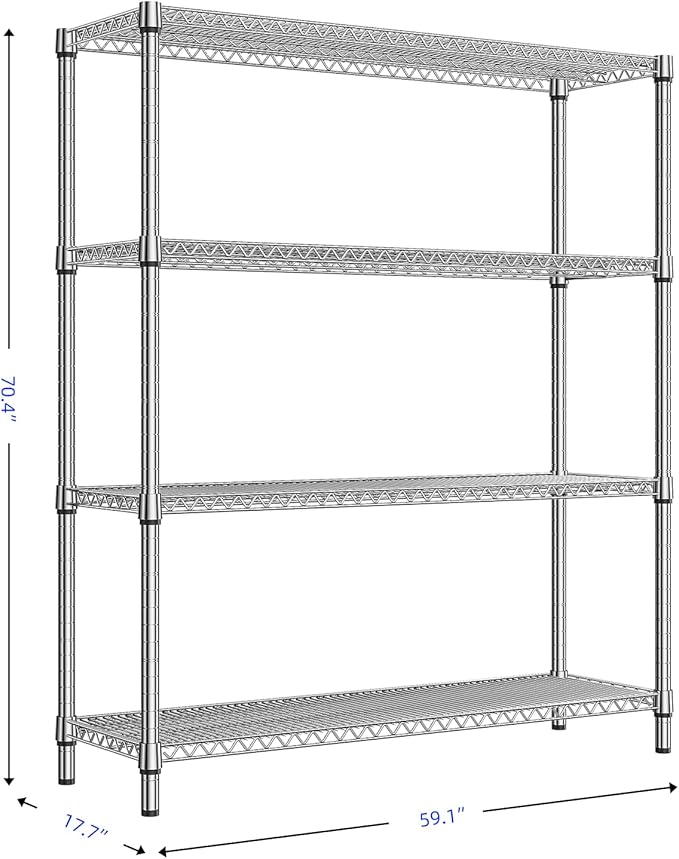 4 Tier Storage Rack Metal Wire Shelving Unit, Storage Standing Shelf Organizer for Laundry Bathroom Kitchen Pantry Closet Garage Basement Utility Room, Chrome 17.7" D x 59.1" W x 70.4" H