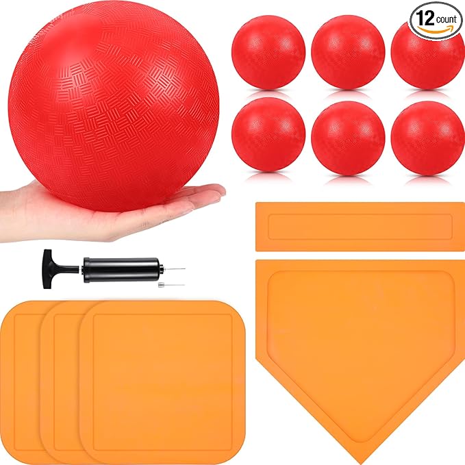 Hiboom 12 Pcs Dodgeball Set with Bases Playground 6 Bouncing 5 Rubber 1 Ball