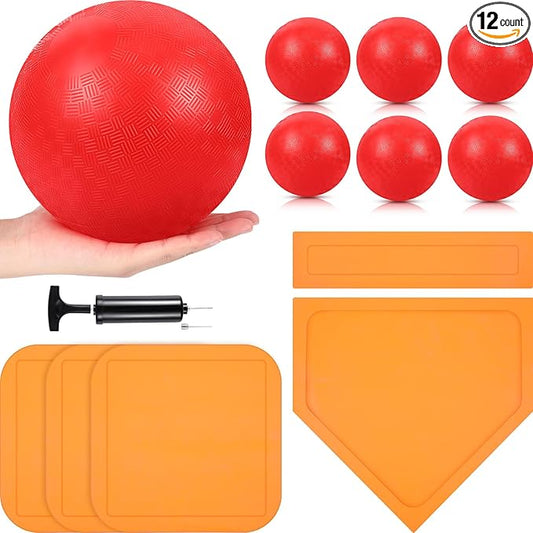 Hiboom 12 Pcs Dodgeball Set with Bases Playground 6 Bouncing 5 Rubber 1 Ball