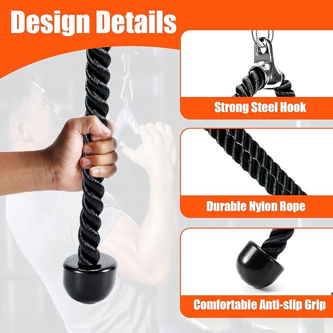 Long Tricep Pull Down Rope Exercise Tricep Rope 55 inch Pull Down Rope with Latch Gym Cable Machine Accessories