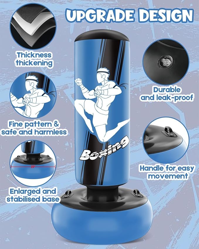 66 Inch Inflatable Kids Punching Bag with Boxing Gloves, Freestanding Boxing Bag, Stand Kids Punching Bag Toy, Bounce-Back Bag Gifts for Kids, Girls, Boxing Set for Practicing Karate, Taekwondo, MMA