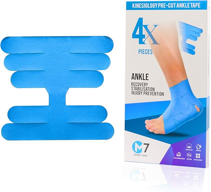 M7 Sport Kinesiology Ankle Tape for Ankle Sprain and Injury Recovery, Pain Relief Therapeutic Tape, Ankle Brace Compression Support, Plantar Fasciitis, Waterproof, Eases Swelling (Blue, 4-Pack)