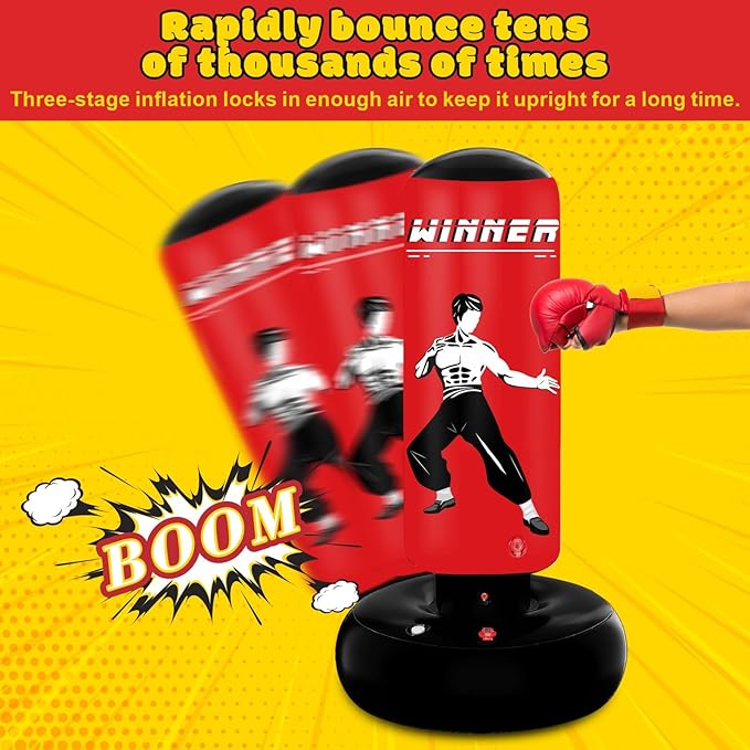 Kids Punching Bag, 67" Stable Inflatable Boxing Bag for Age 5-12, Ninja Karate Taekwondo Training Toy, Christmas Birthday Gift
