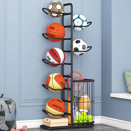 7-Ball Sports Equipment Storage Rack with Ball Holder 57.5" (Black)