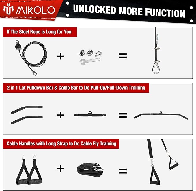 Mikolo Upgraded Weight Lift Pulley System - LAT Pulley Attachments with Adjustable Length Cable for Full Body Training, Home Gym Set, 2023 Version
