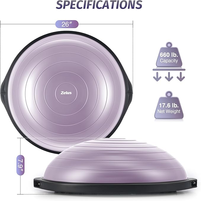 ZELUS 25in. Balance Ball | 660lb Inflatable Half Exercise Ball Wobble Board Balance Trainer w Nonslip Base | Half Yoga Ball Strength Training Equipment w 2 Bands, Pump, Extra Ball Included