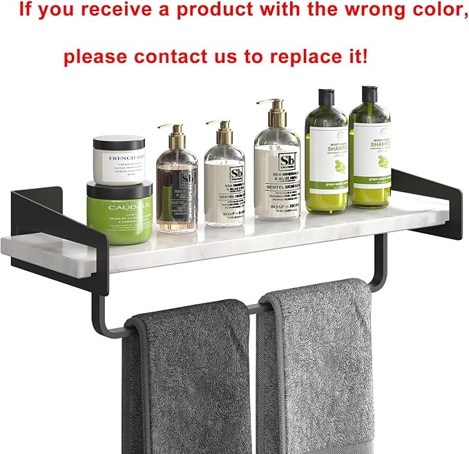 Marble Bathroom Shelf with Towel Bar 16" Metal