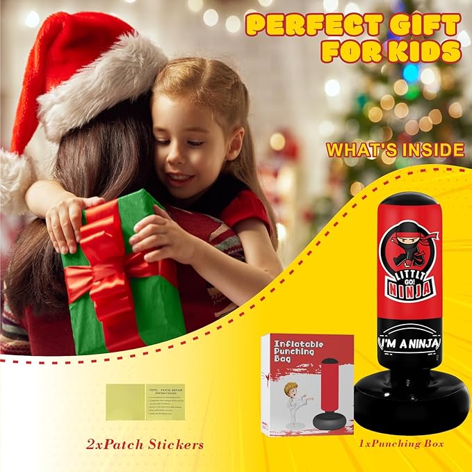 Kids Punching Bag, 67" Stable Inflatable Boxing Bag for Age 5-12, Ninja Karate Taekwondo Training Toy, Christmas Birthday Gift